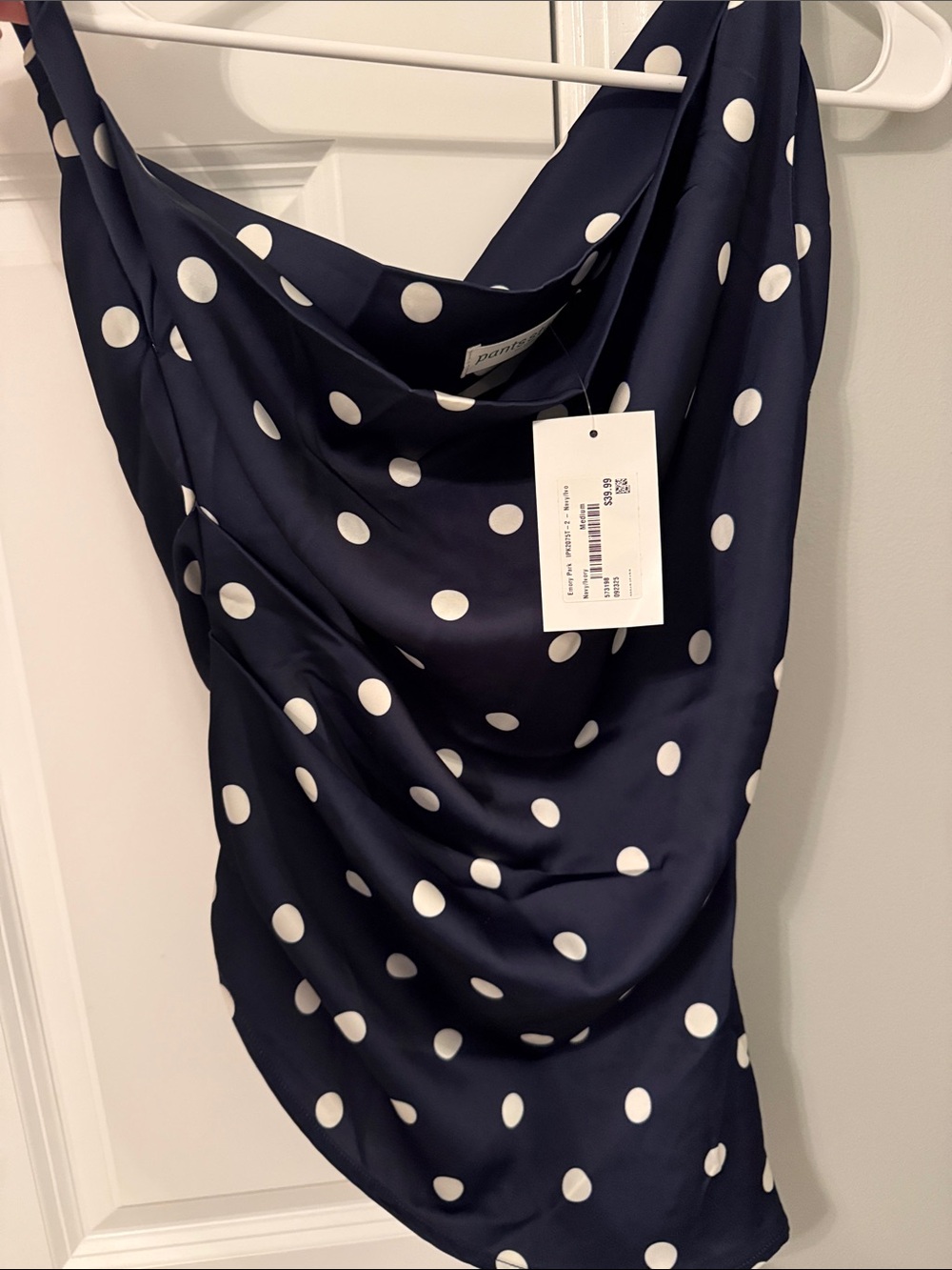 Polka Dot Cowl Neck Off the Shoulder Navy Top